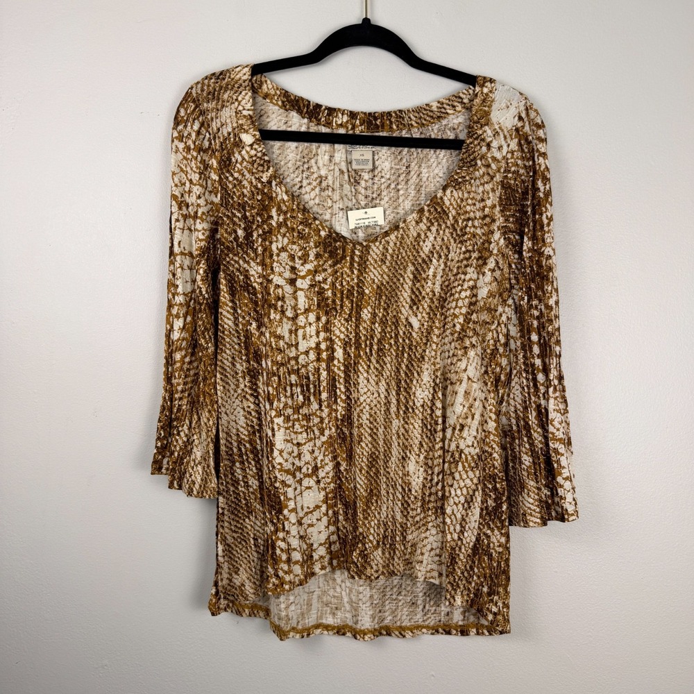 Lucky Brand Blouse Top Women's XS Brown Cream Snake Print 3/4 Sleeve Scoop Neck